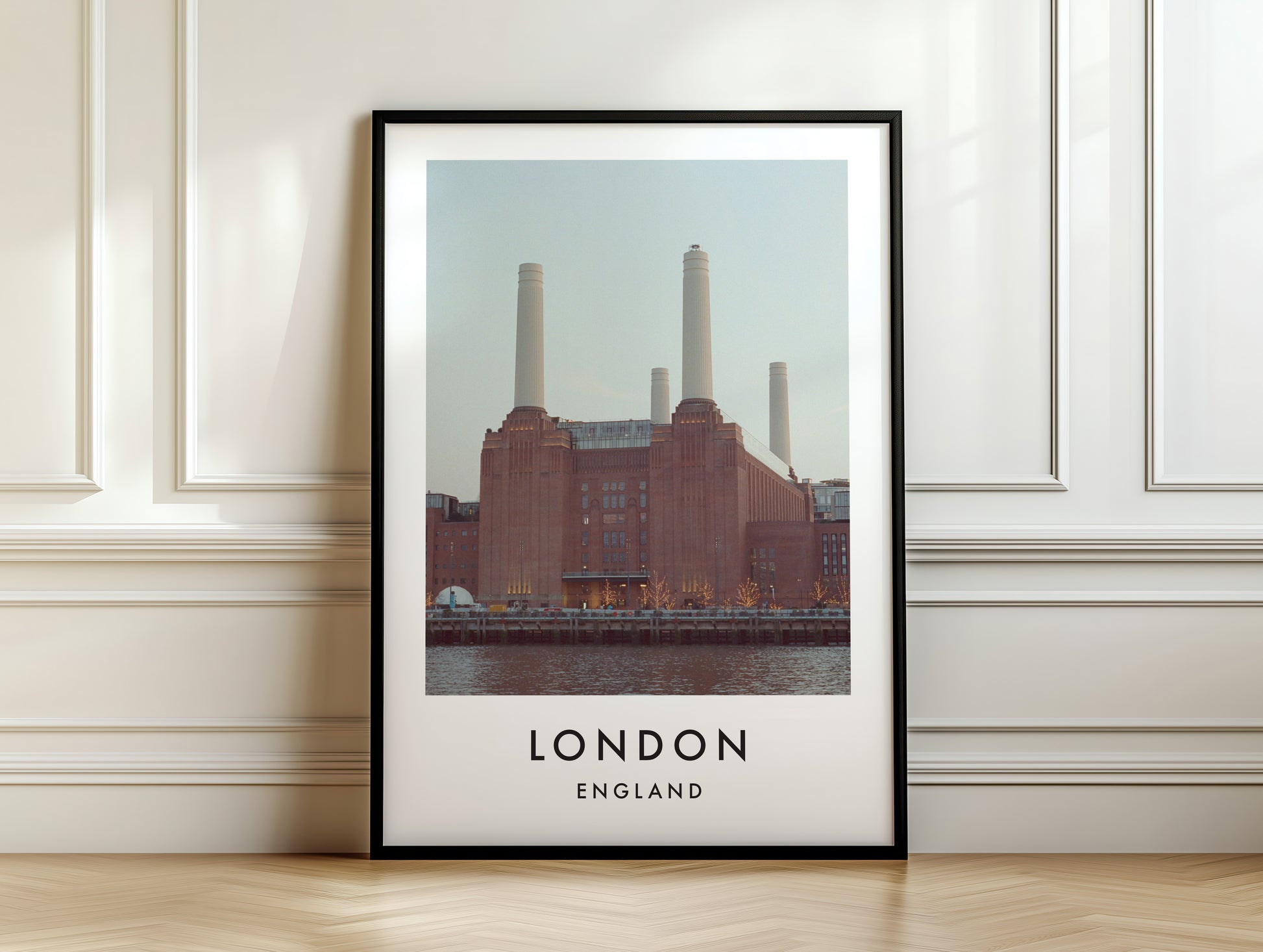 Battersea Power Station Four Chimneys Thames - London analogue photography poster print on white panelled wall