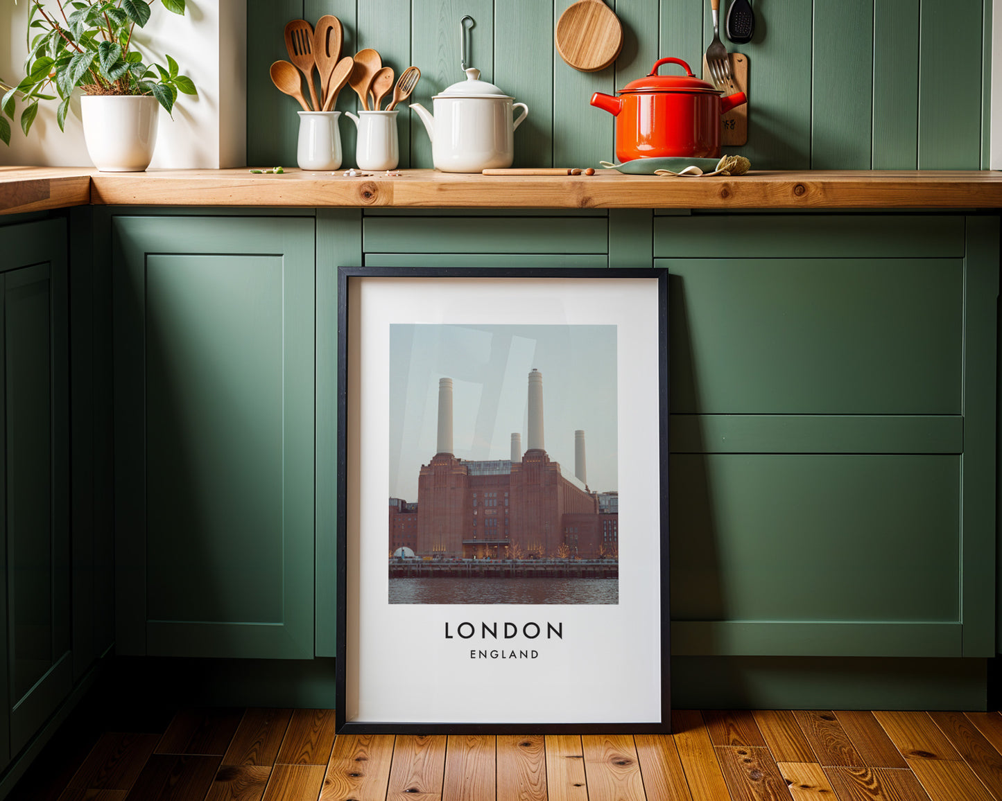 Battersea Power Station Four Chimneys Thames - London analogue photography poster print on minimalist white wall