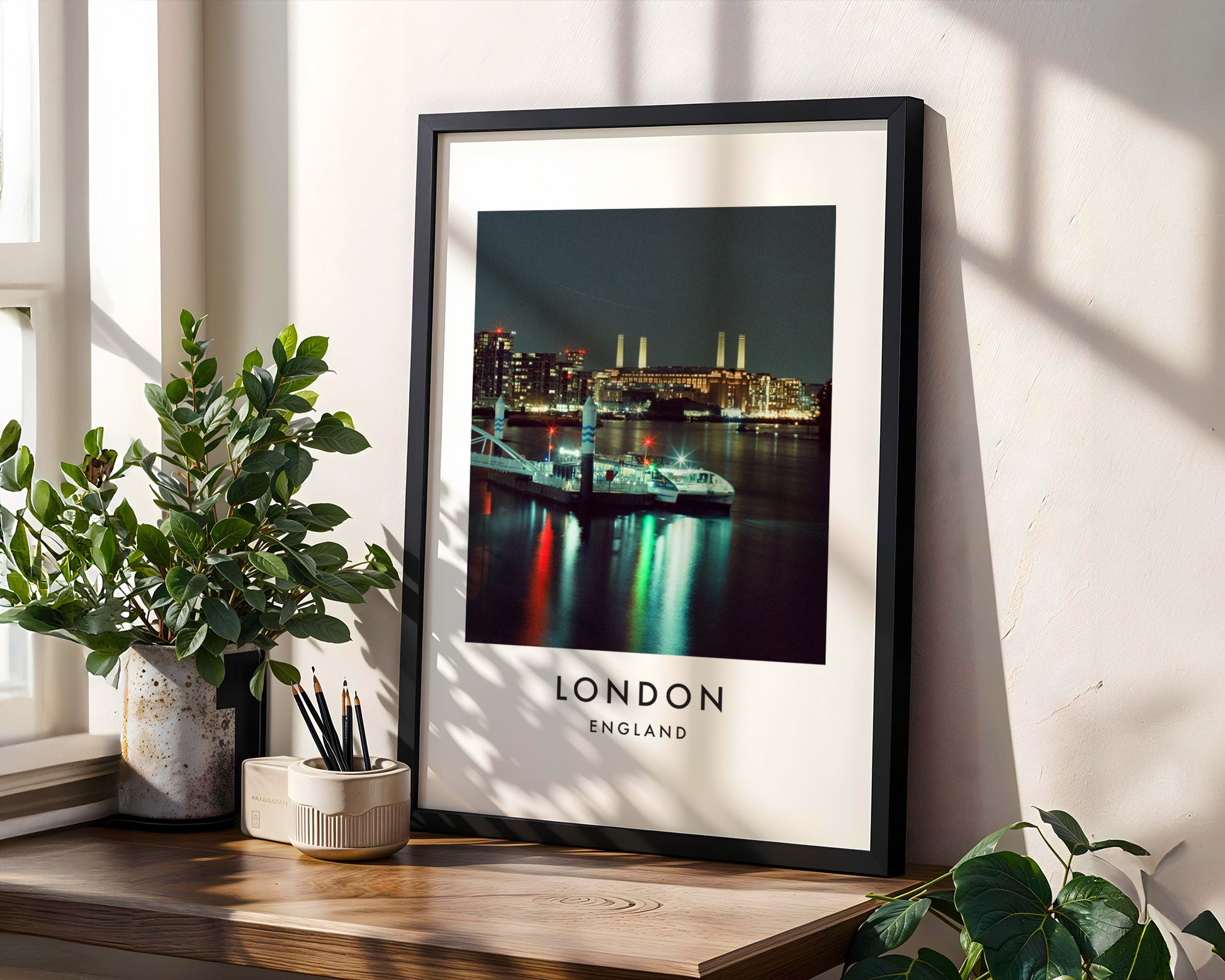 Battersea Power Station Night Reflections - London analogue photography poster print in modern room setting