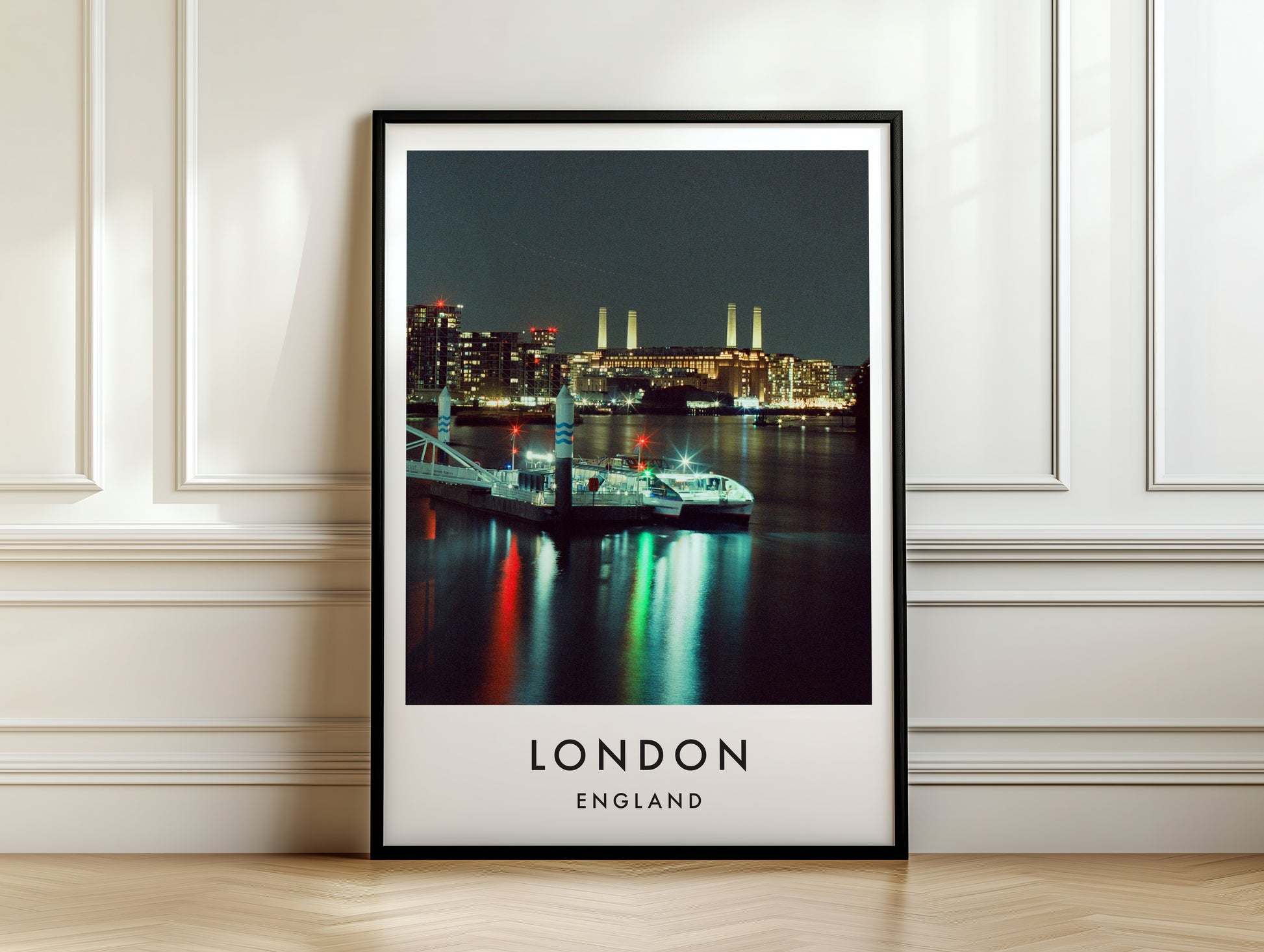 Battersea Power Station Night Reflections - London analogue photography poster print on white panelled wall
