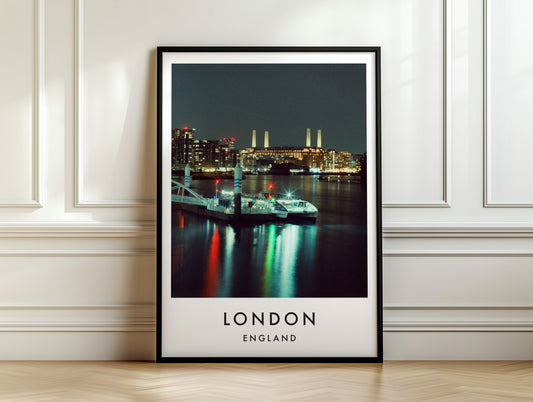 Battersea Power Station Night Reflections - London analogue photography poster print on white panelled wall