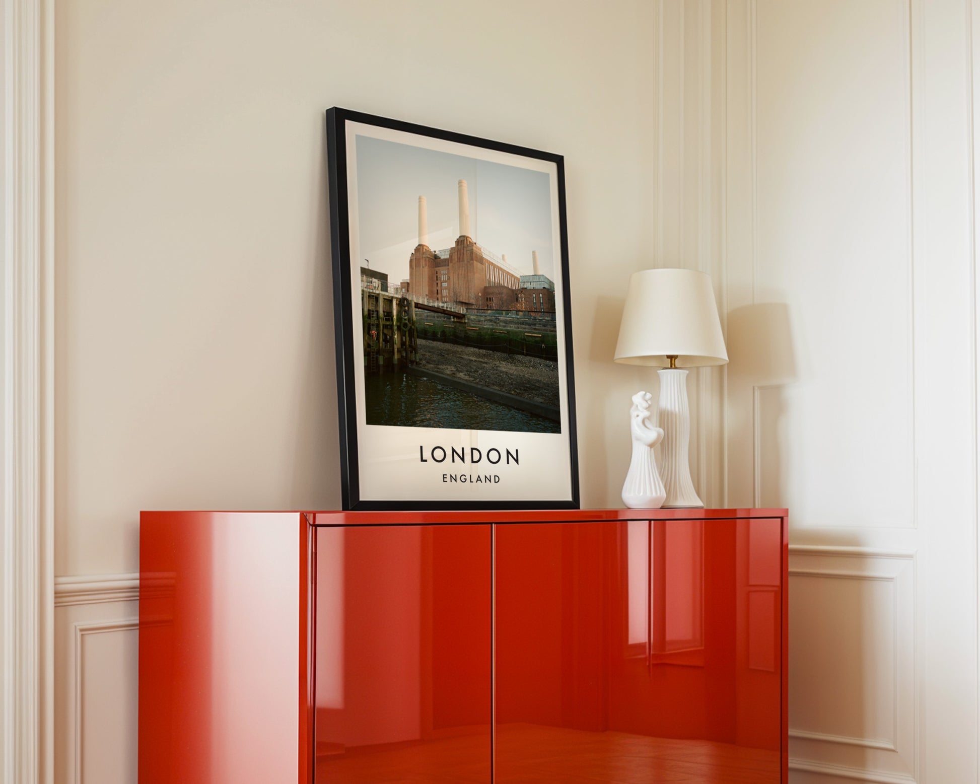 Battersea Power Station Thames River Pilings - London analogue photography poster print in interior design setting