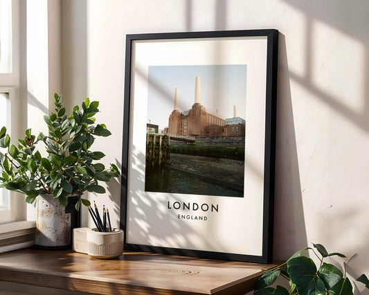 Battersea Power Station Thames River Pilings - London analogue photography poster print in modern room setting