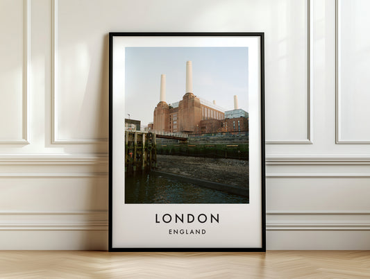 Battersea Power Station Thames River Pilings - London analogue photography poster print on white panelled wall
