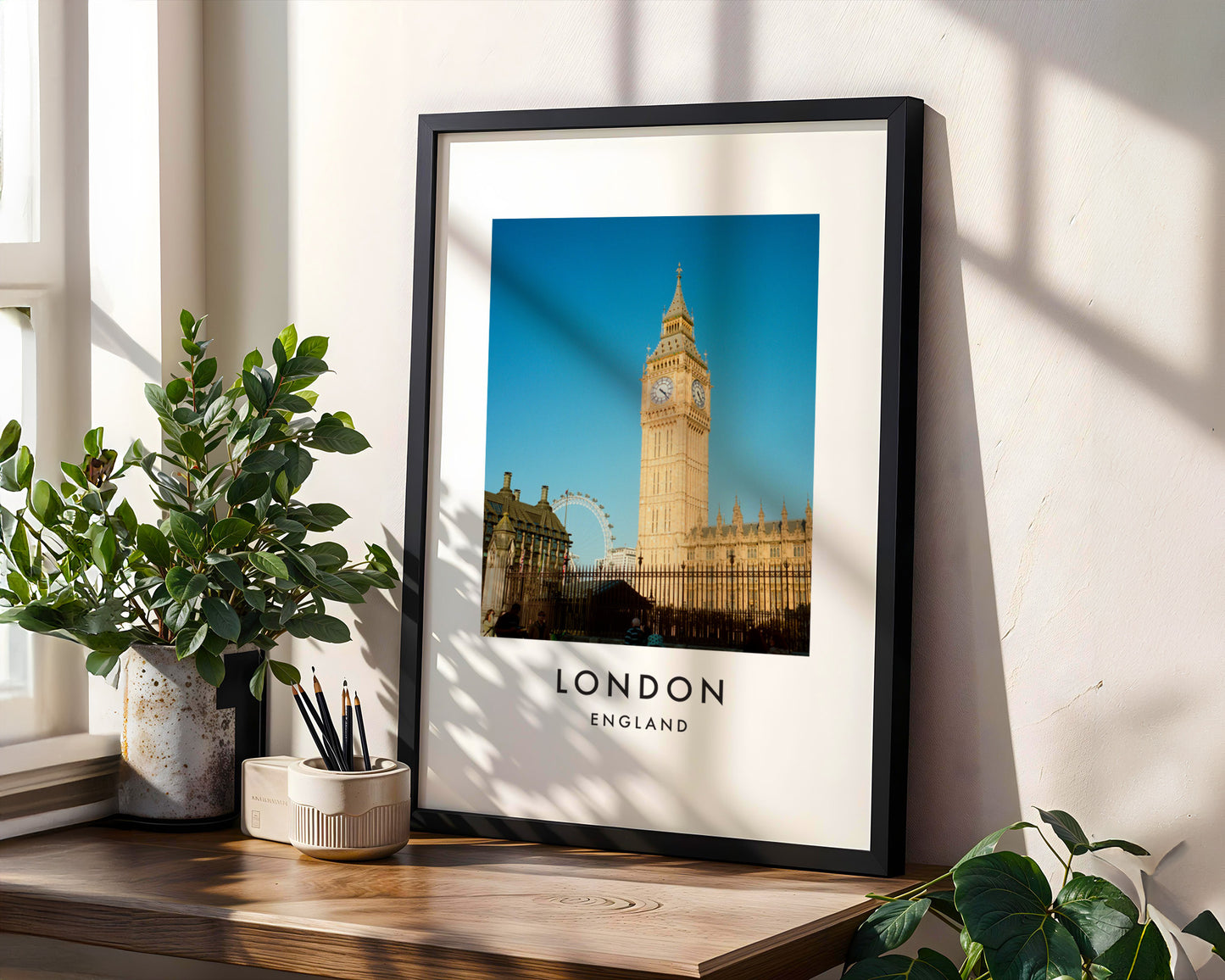 Big Ben Elizabeth Tower London Eye Blue Sky - London analogue photography poster print in modern room setting