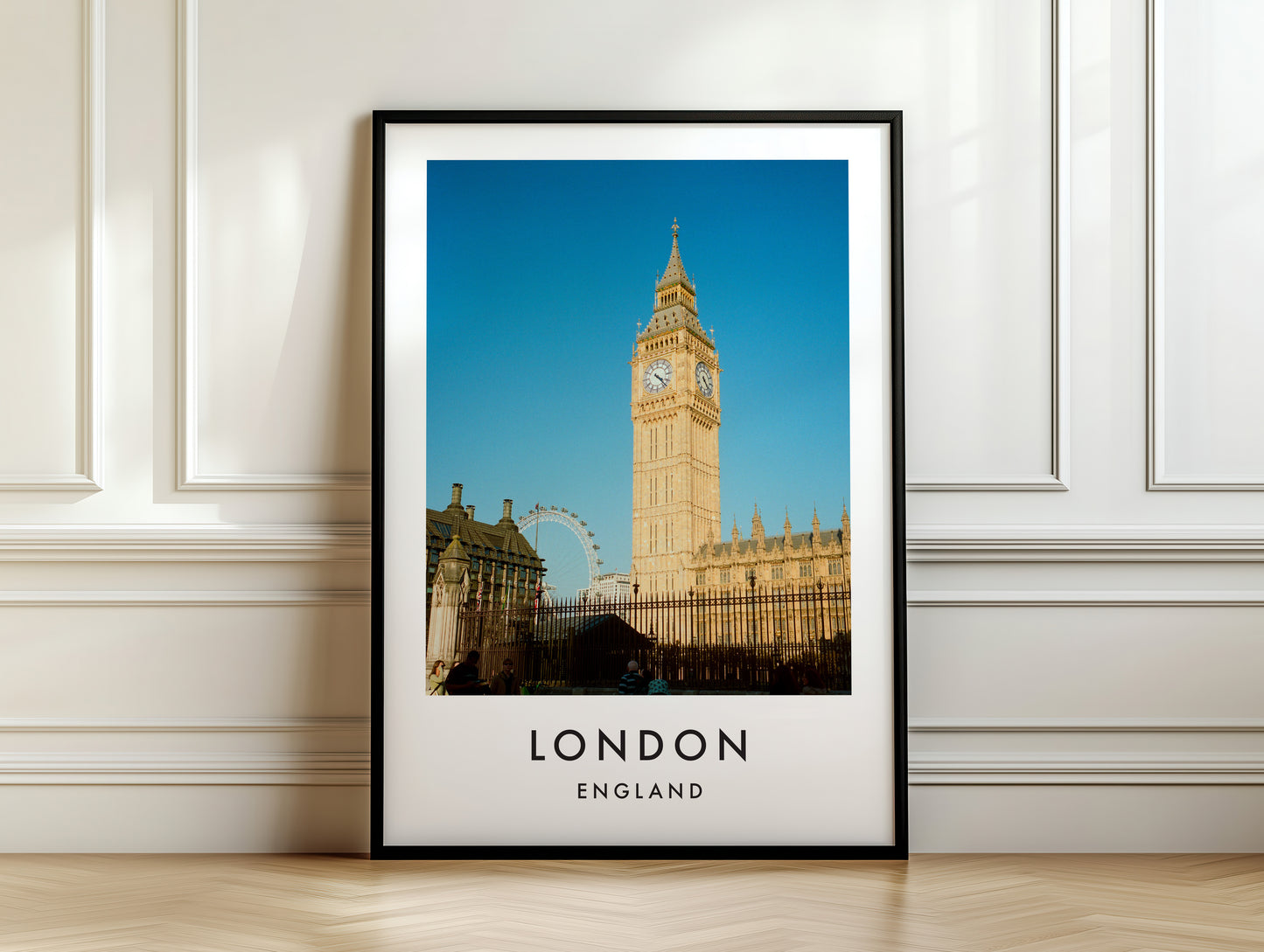 Big Ben Elizabeth Tower London Eye Blue Sky - London analogue photography poster print on white panelled wall