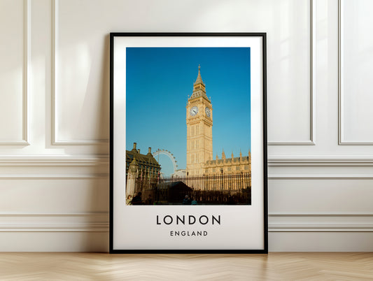 Big Ben Elizabeth Tower London Eye Blue Sky - London analogue photography poster print on white panelled wall