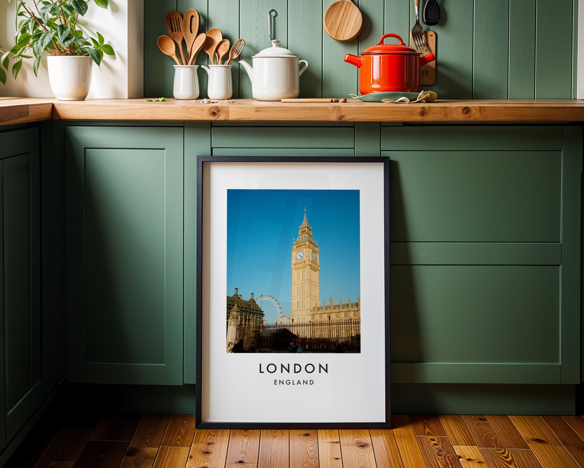 Big Ben Elizabeth Tower London Eye Blue Sky - London analogue photography poster print on minimalist white wall