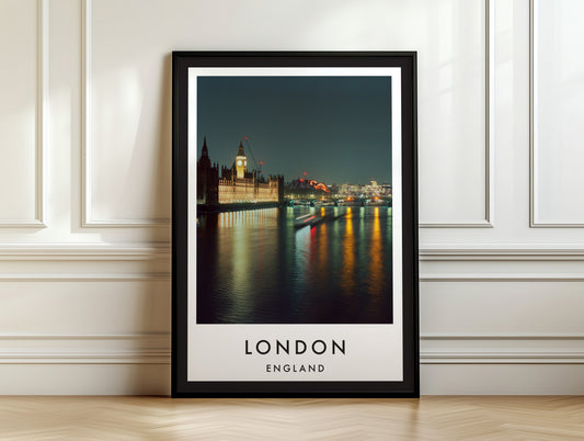 Big Ben Parliament Close Up Night Thames - London analogue photography poster print on white panelled wall
