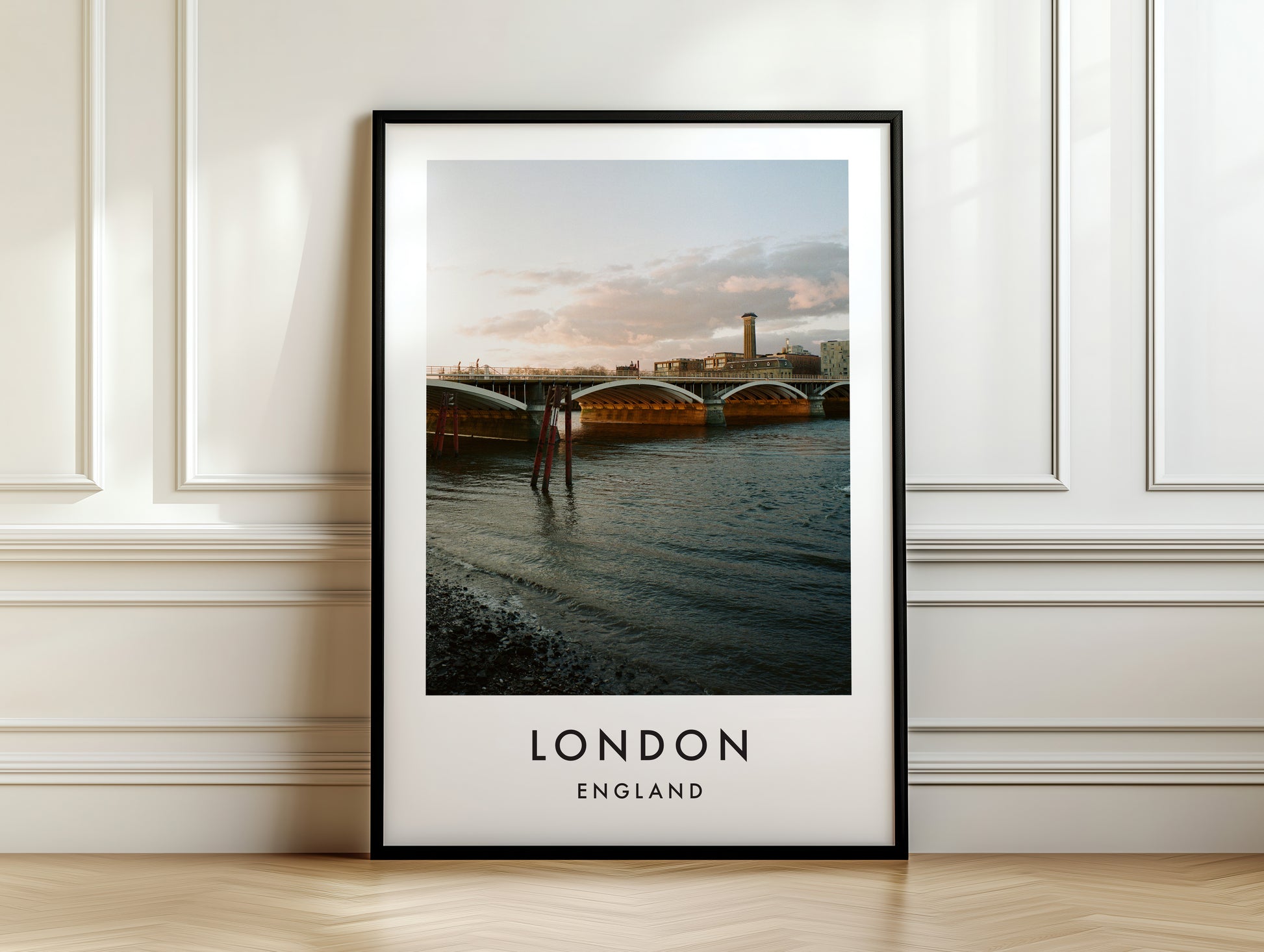 Blackfriars Bridge Golden Hour Tate Modern Chimney - London analogue photography poster print on white panelled wall