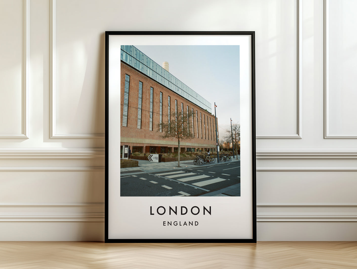British Library Red Brick Building Street - London analogue photography poster print on white panelled wall