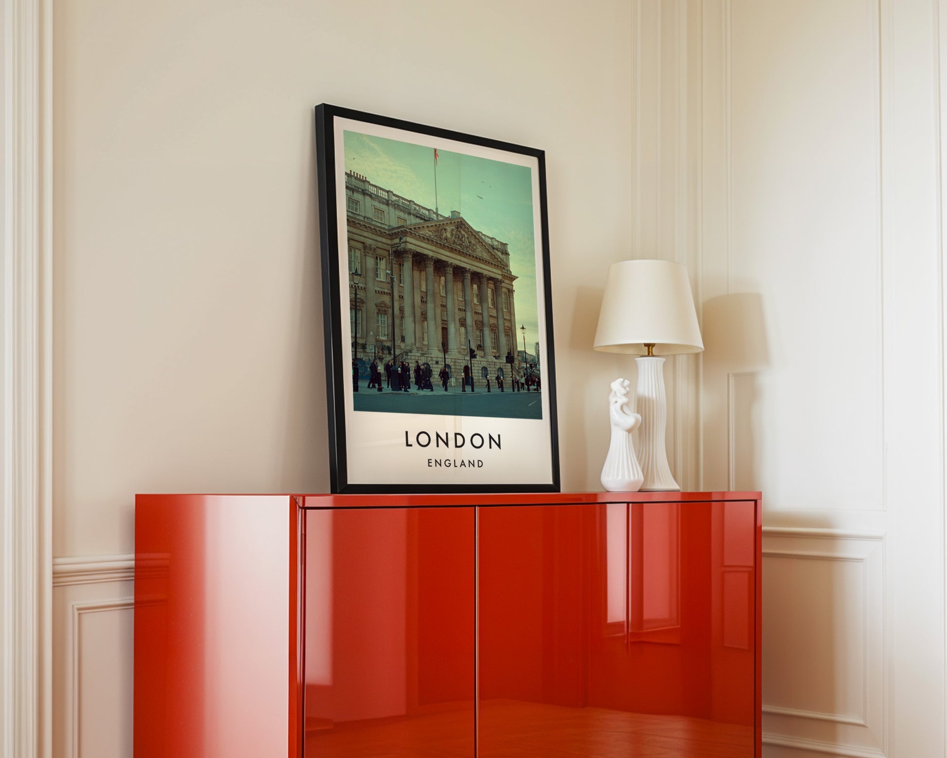 Buckingham Palace Front Facade Columns Flag - London analogue photography poster print in interior design setting