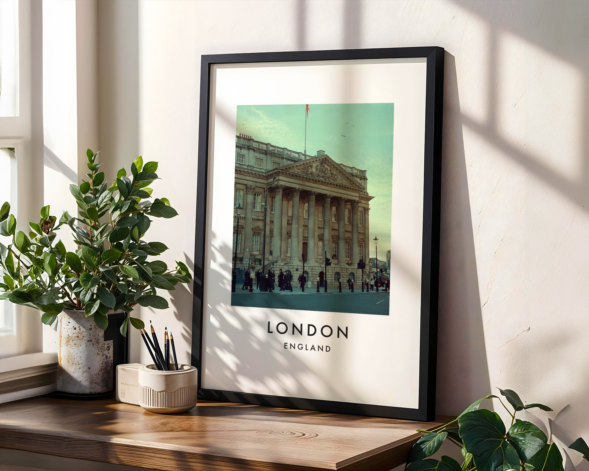 Buckingham Palace Front Facade Columns Flag - London analogue photography poster print in modern room setting