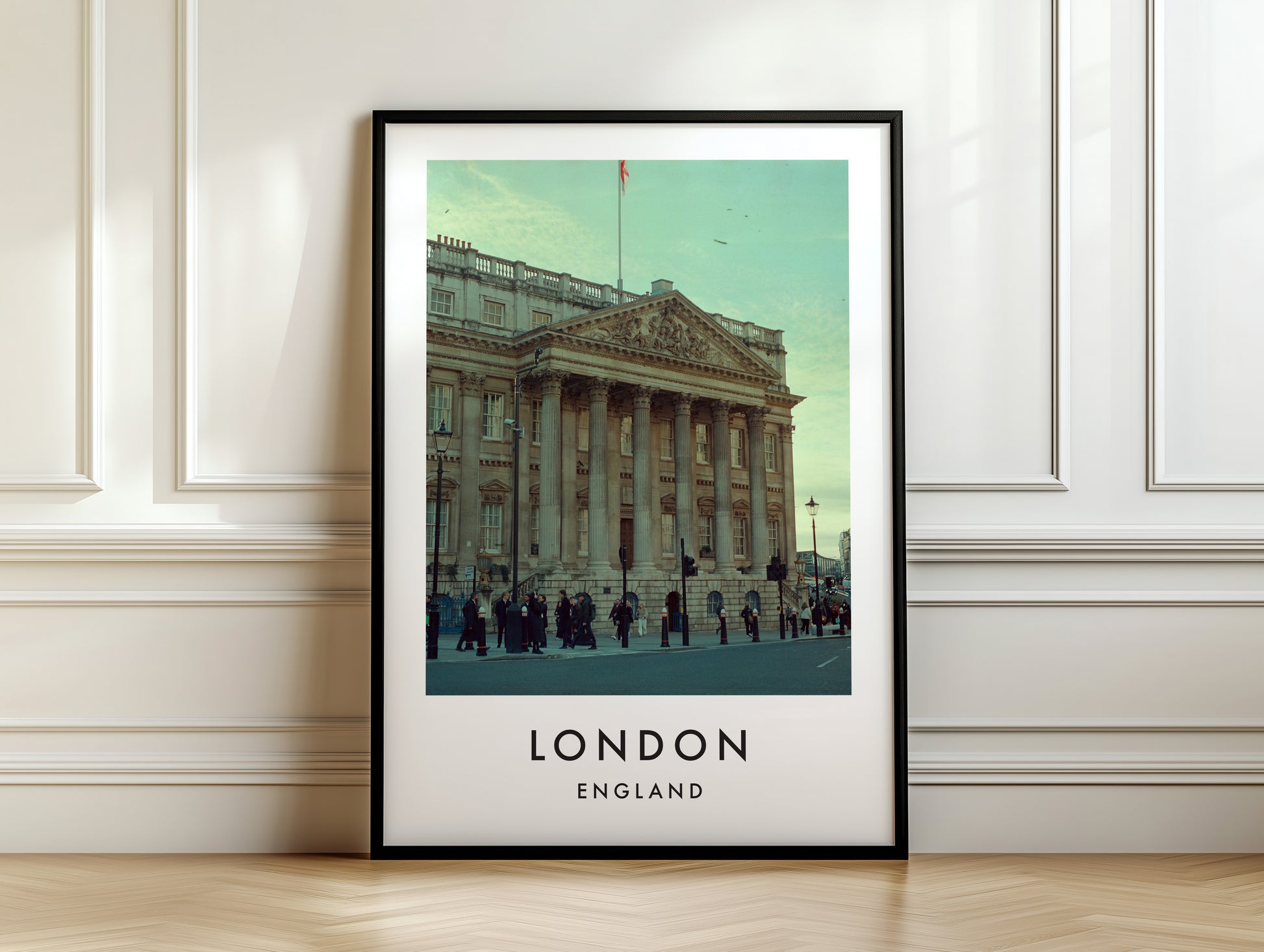Buckingham Palace Front Facade Columns Flag - London analogue photography poster print on white panelled wall