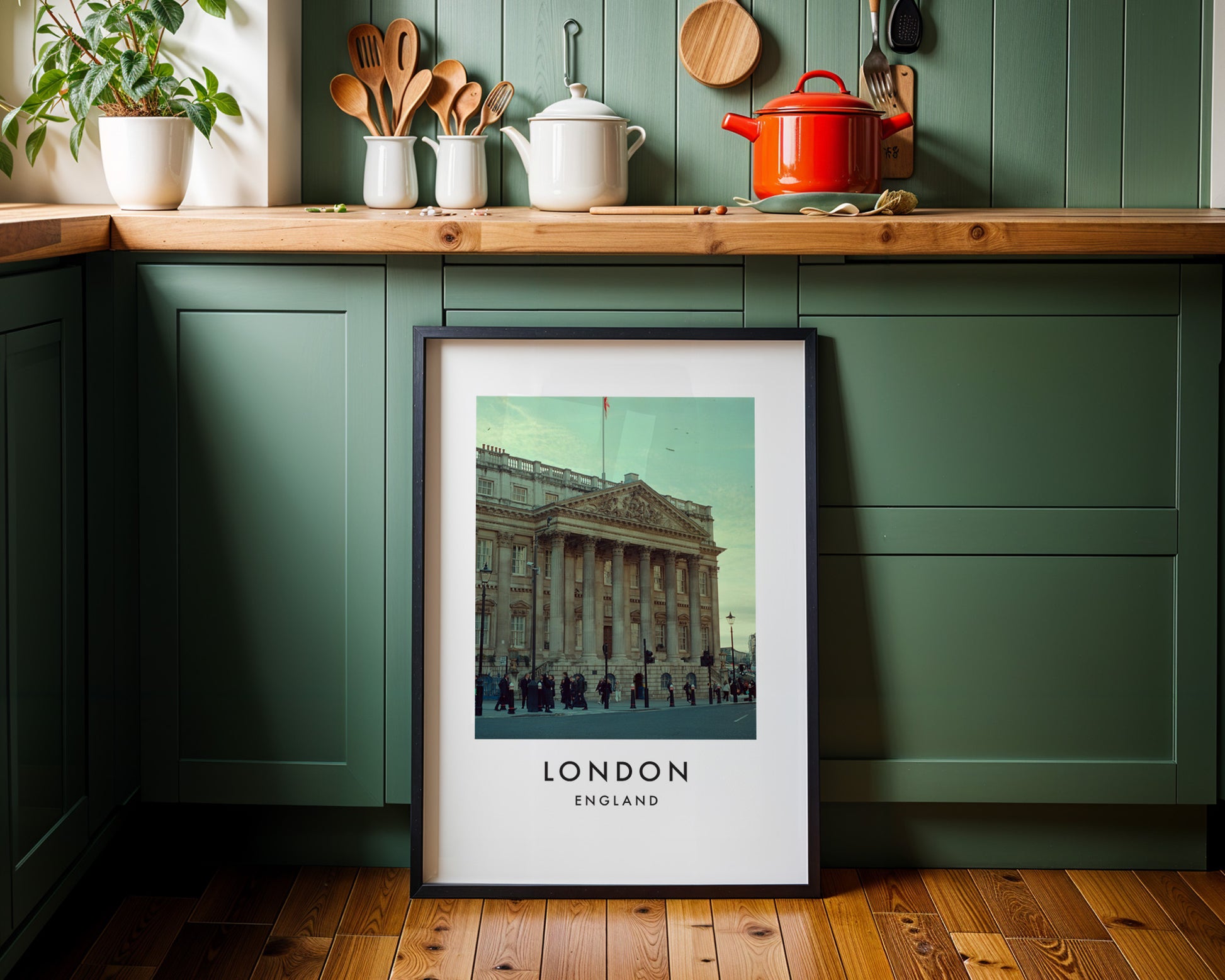 Buckingham Palace Front Facade Columns Flag - London analogue photography poster print on minimalist white wall