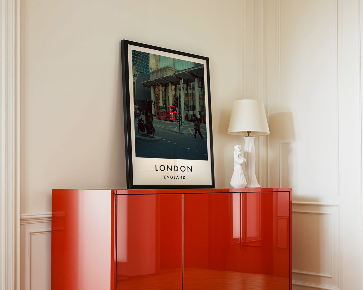 City of London Street Red Bus Glass Buildings - London analogue photography poster print in interior design setting