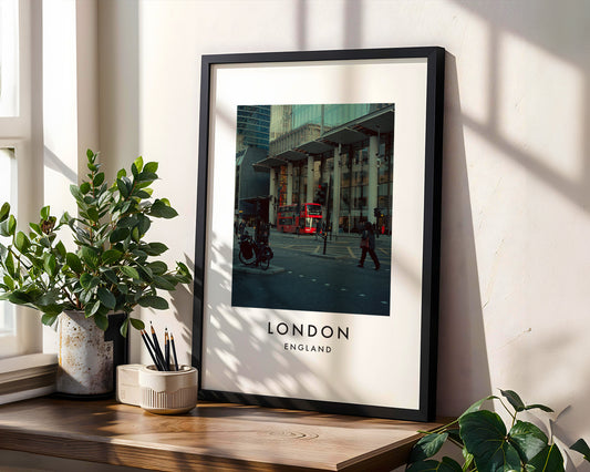 City of London Street Red Bus Glass Buildings - London analogue photography poster print in modern room setting