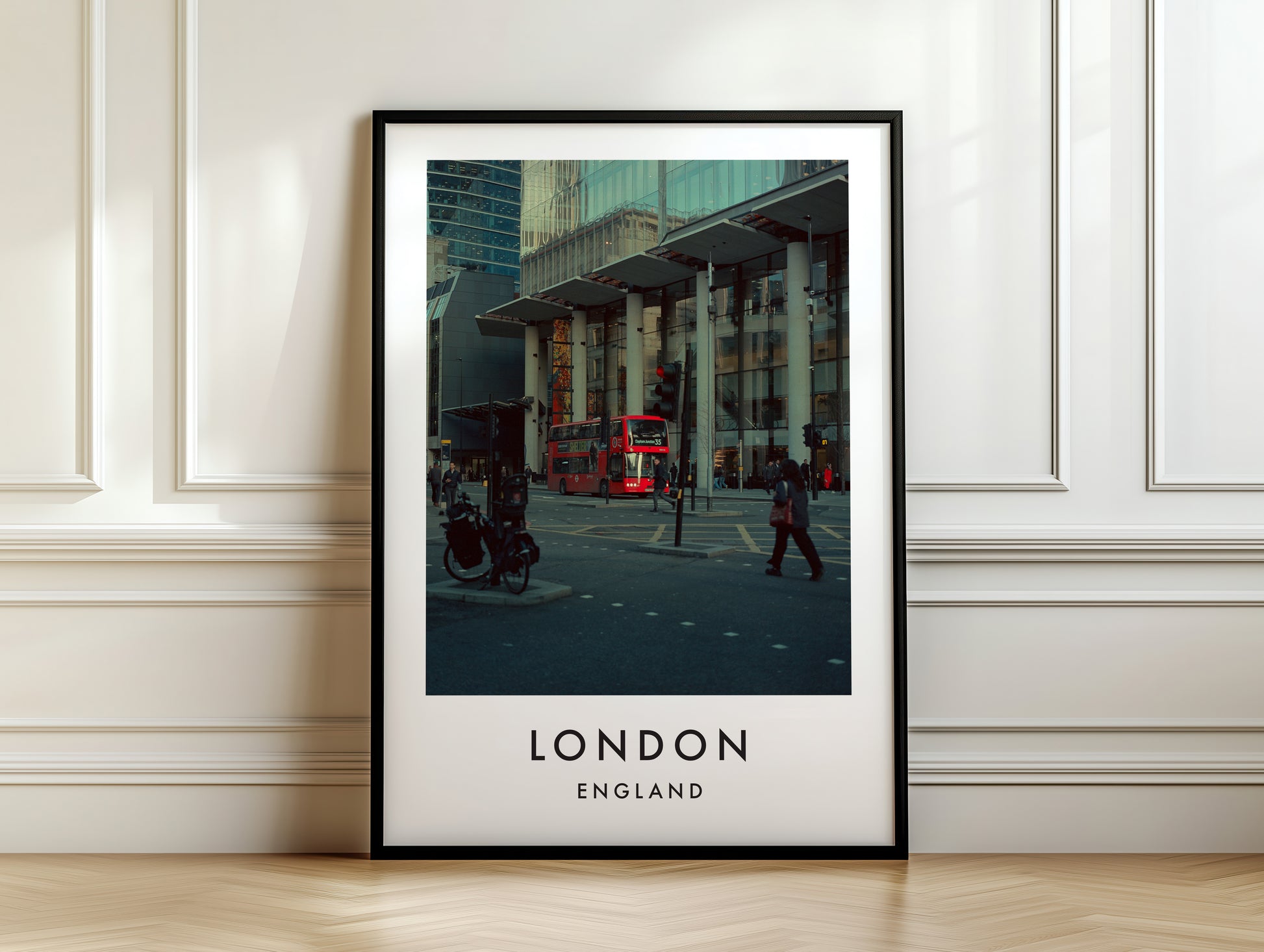 City of London Street Red Bus Glass Buildings - London analogue photography poster print on white panelled wall