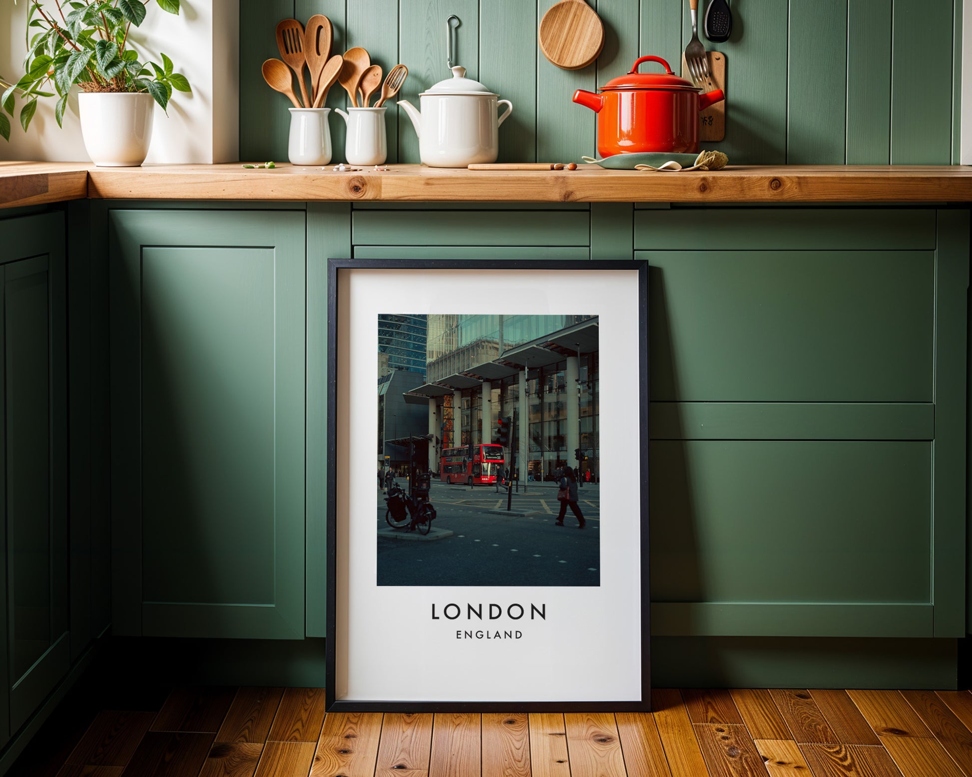 City of London Street Red Bus Glass Buildings - London analogue photography poster print on minimalist white wall