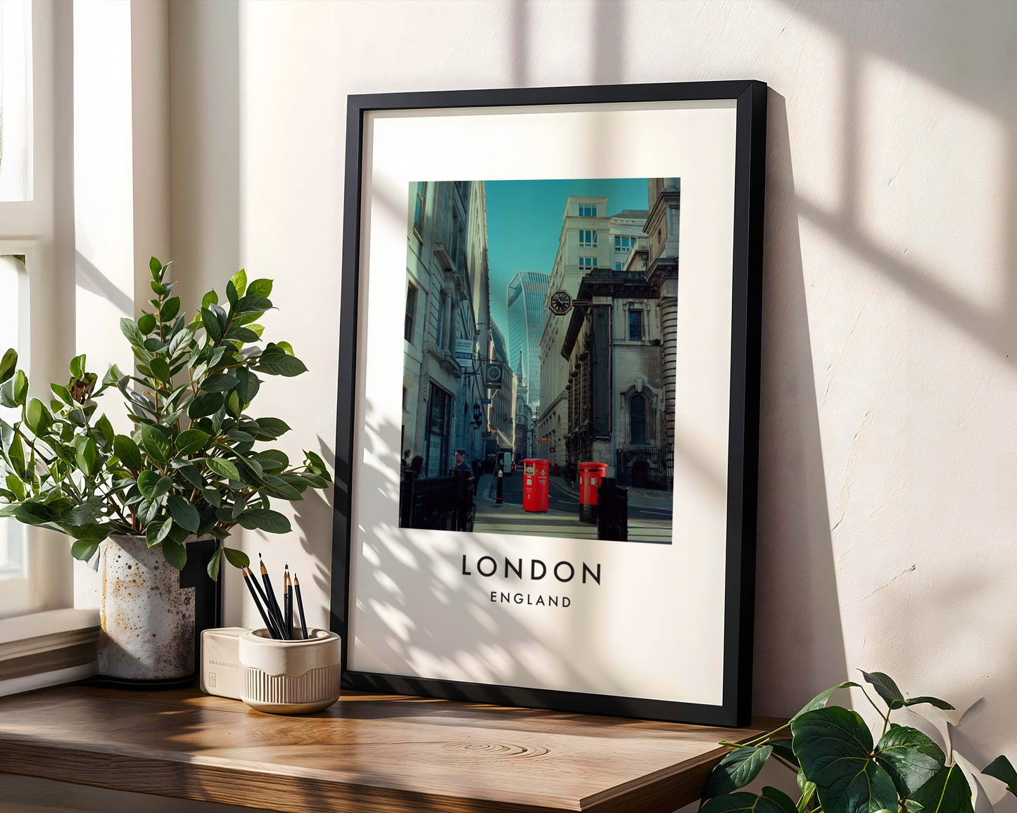 City of London Street Red Post Boxes Walkie Talkie - London analogue photography poster print in modern room setting