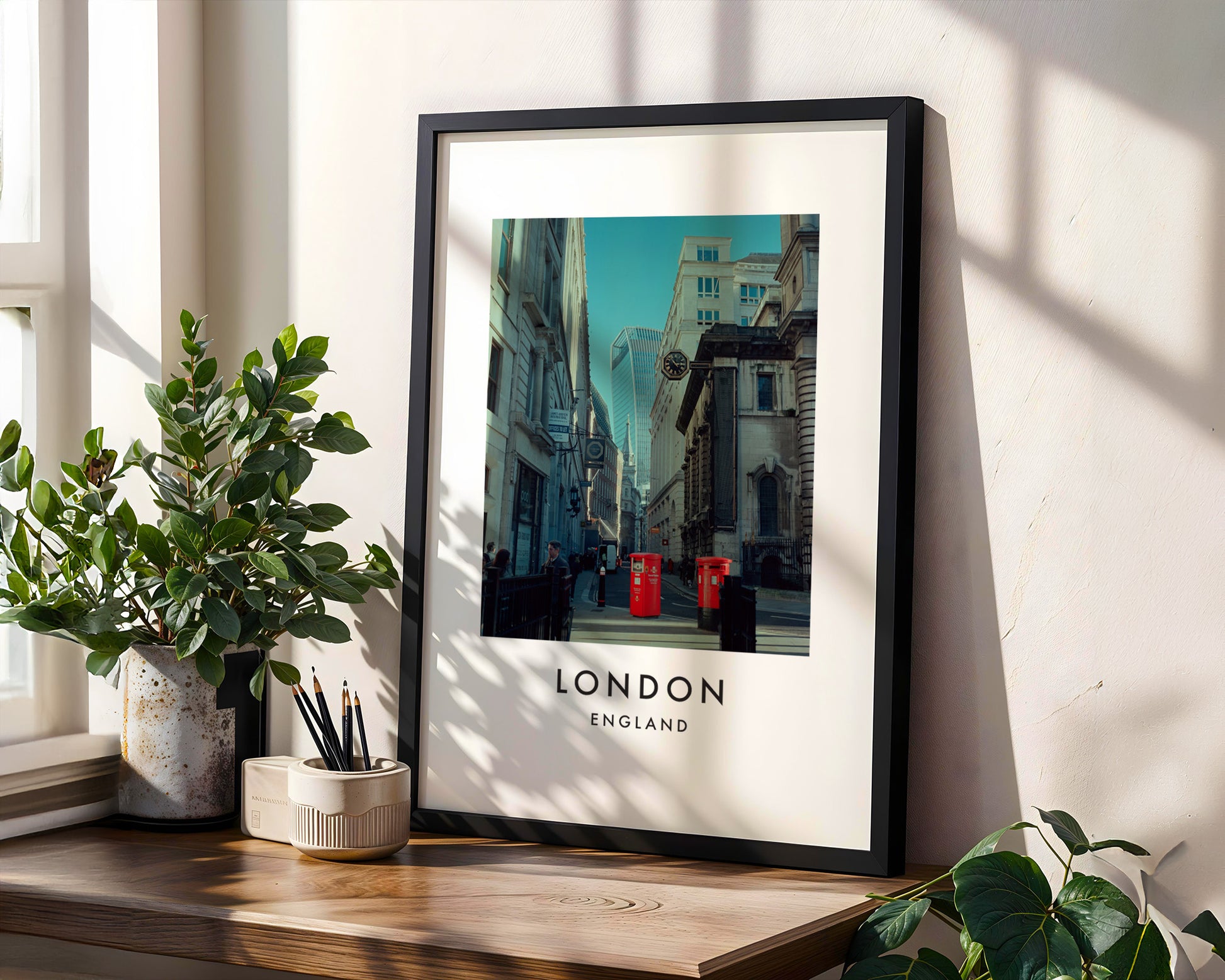 City of London Street Red Post Boxes Walkie Talkie - London analogue photography poster print in modern room setting