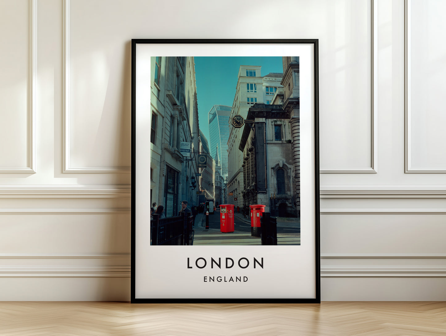 City of London Street Red Post Boxes Walkie Talkie - London analogue photography poster print on white panelled wall