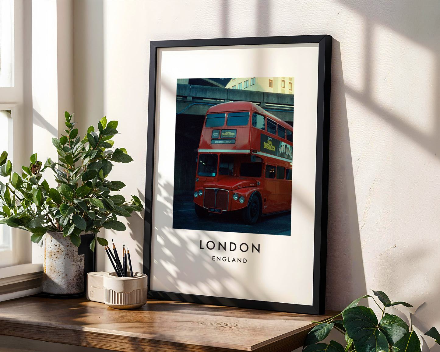 Classic Routemaster Bus Red Vintage - London analogue photography poster print in modern room setting