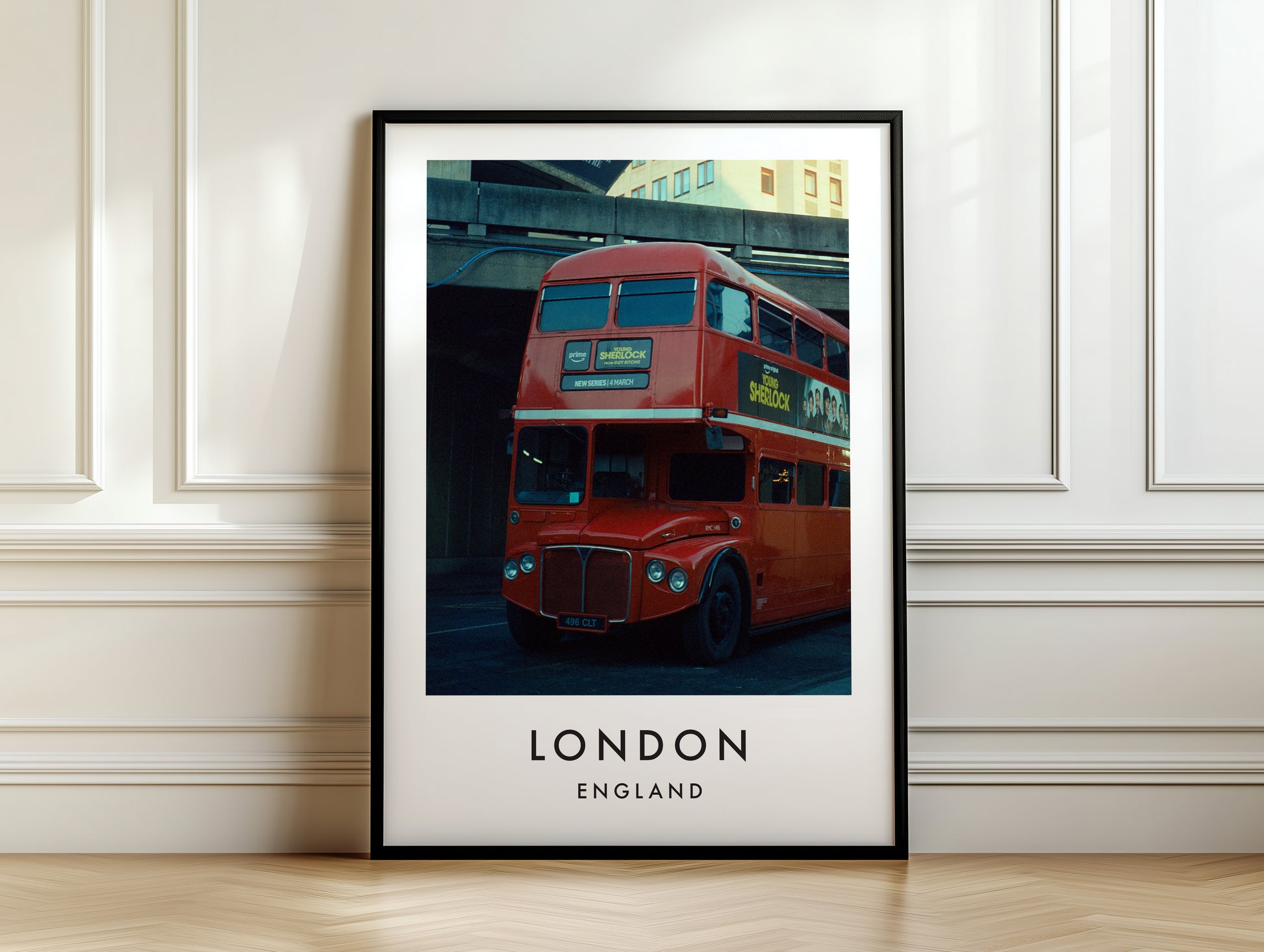 Classic Routemaster Bus Red Vintage - London analogue photography poster print on white panelled wall