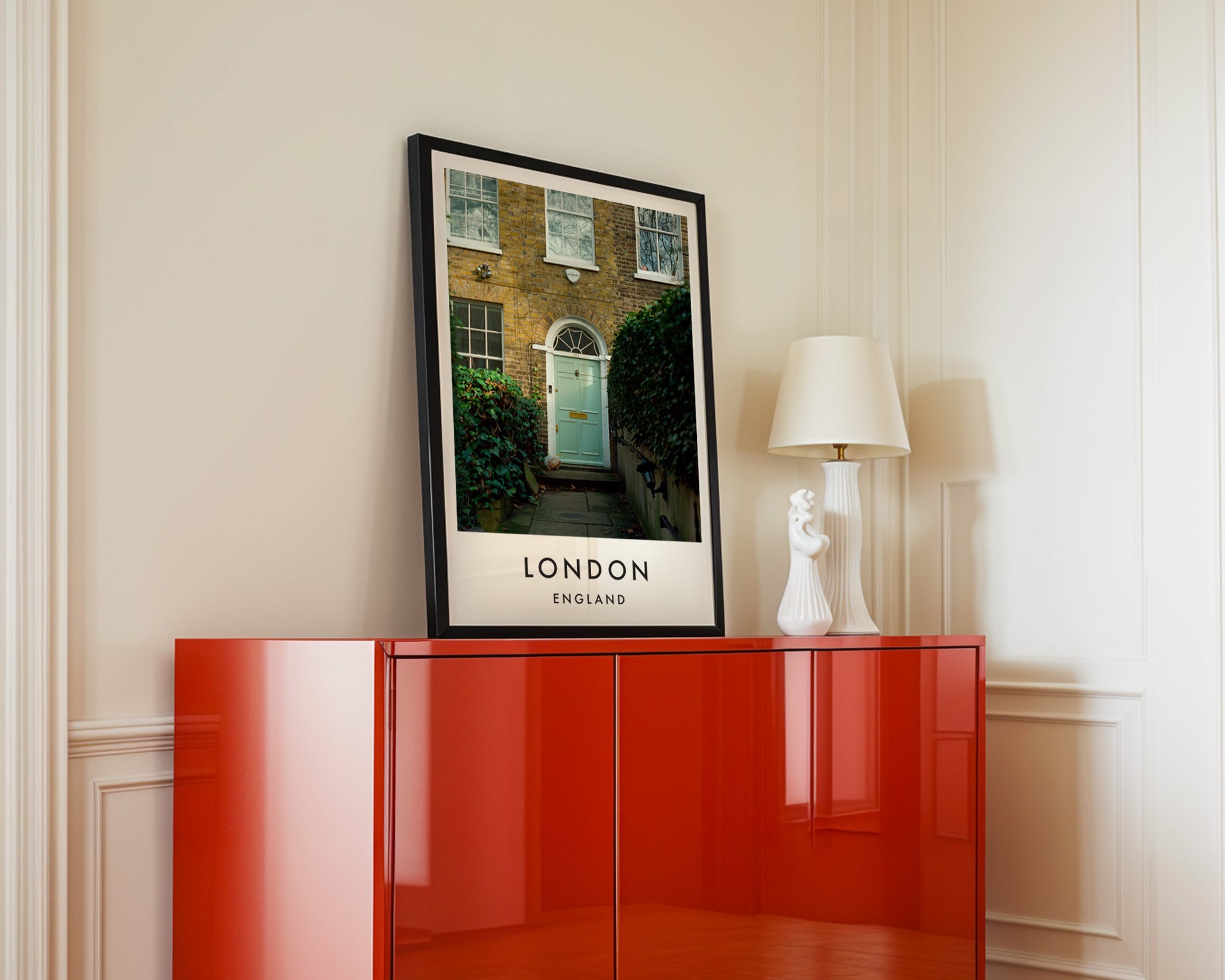 Georgian Townhouse Mint Green Door Ivy - London analogue photography poster print in interior design setting