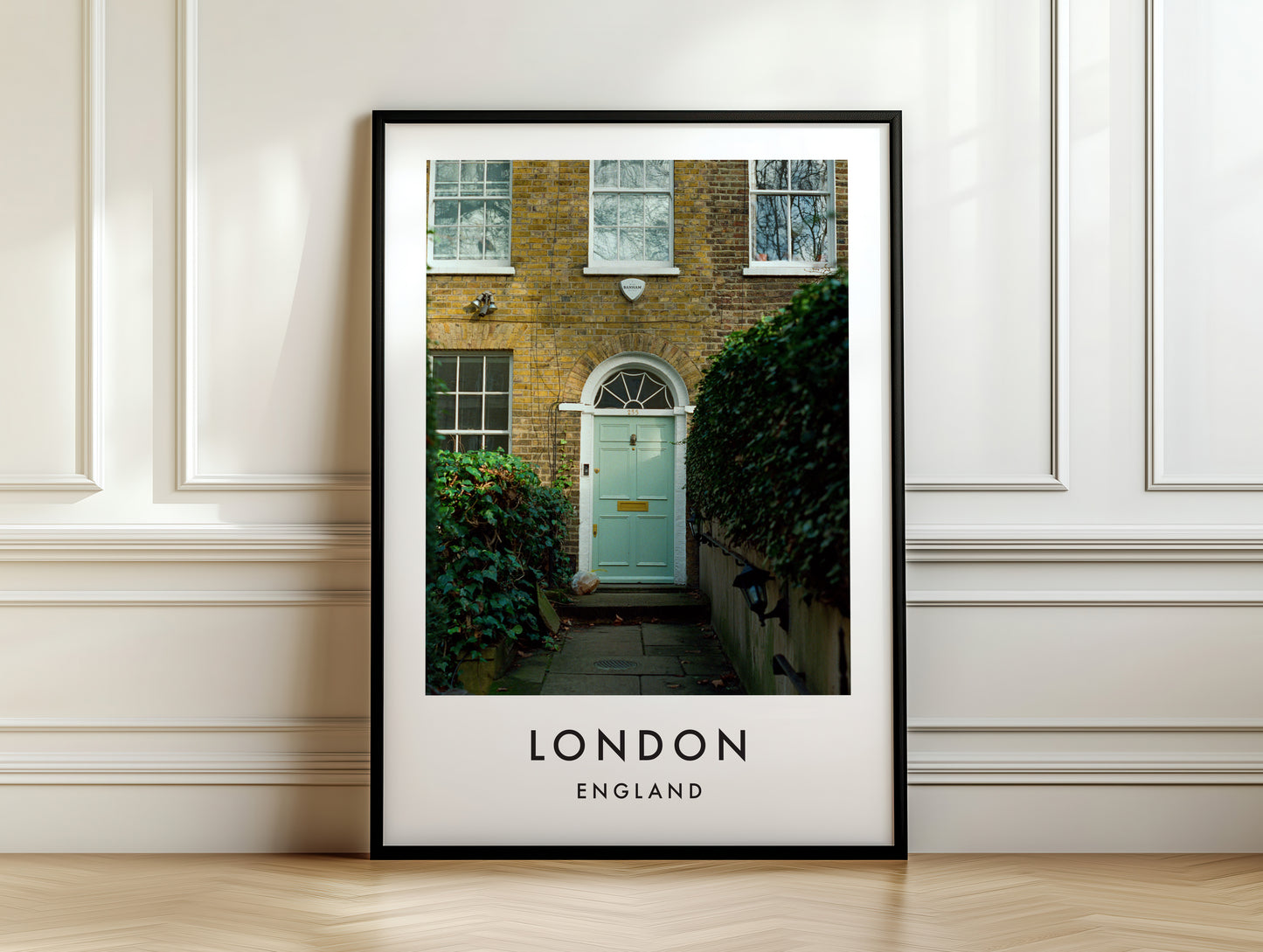 Georgian Townhouse Mint Green Door Ivy - London analogue photography poster print on white panelled wall