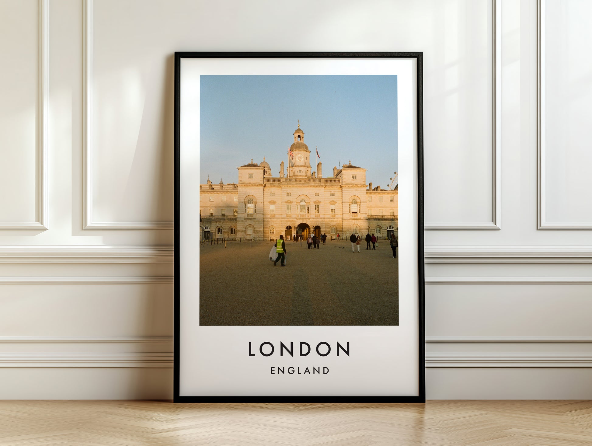 Horse Guards Parade Ground Golden Hour - London analogue photography poster print on white panelled wall