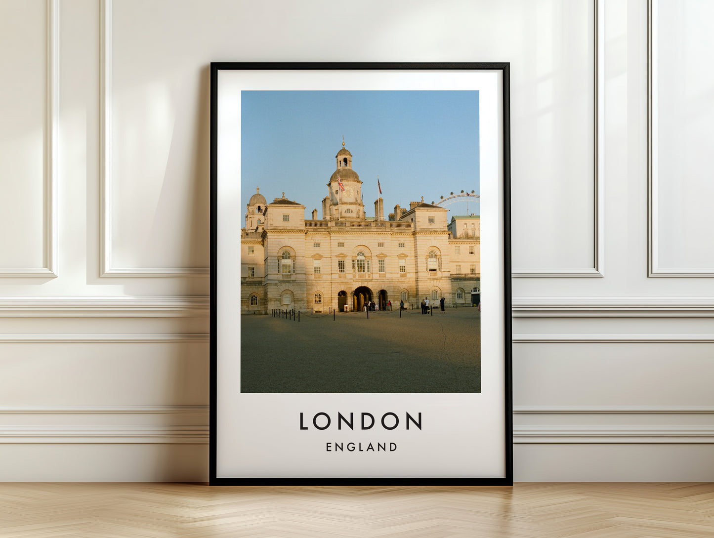 Horse Guards Parade London Eye Golden Light - London analogue photography poster print on white panelled wall