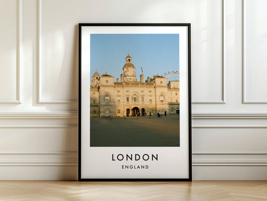 Horse Guards Parade London Eye Golden Light - London analogue photography poster print on white panelled wall