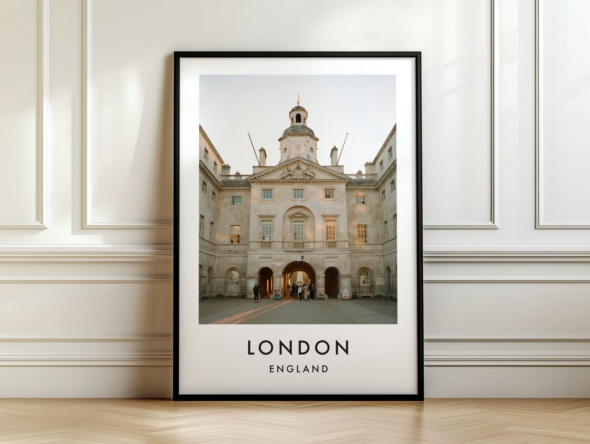 Horse Guards Parade Whitehall Arch Clock Tower - London analogue photography poster print on white panelled wall