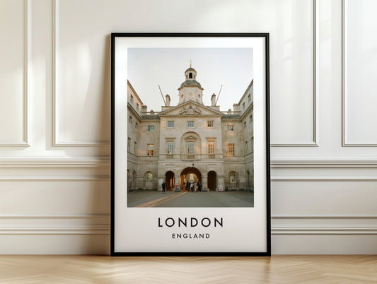 Horse Guards Parade Whitehall Arch Clock Tower - London analogue photography poster print on white panelled wall