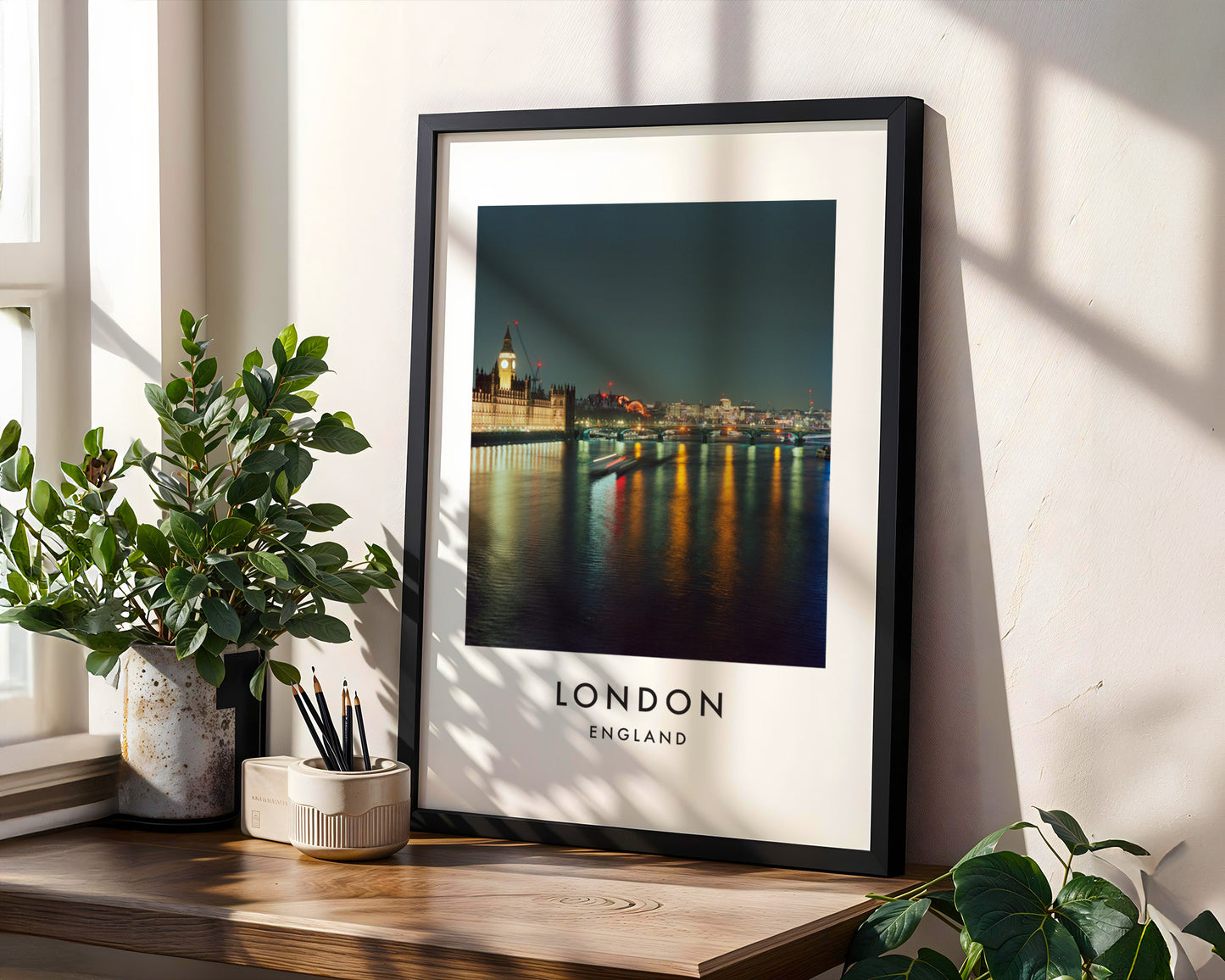 Houses of Parliament Big Ben Night Thames - London analogue photography poster print in modern room setting