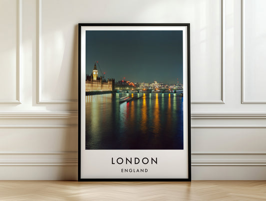 Houses of Parliament Big Ben Night Thames - London analogue photography poster print on white panelled wall