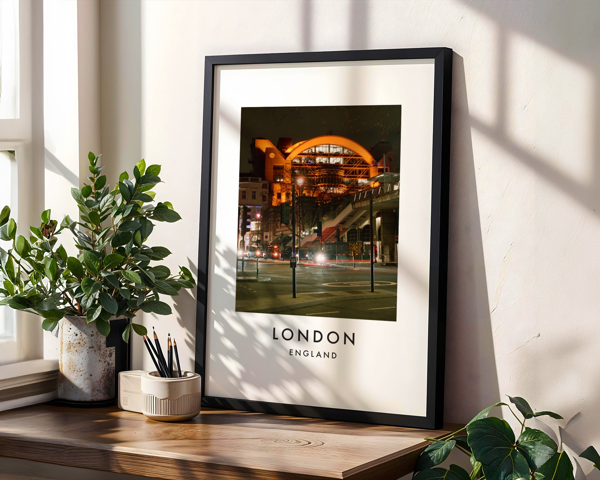 Illuminated Railway Arch Station Night - London analogue photography poster print in modern room setting