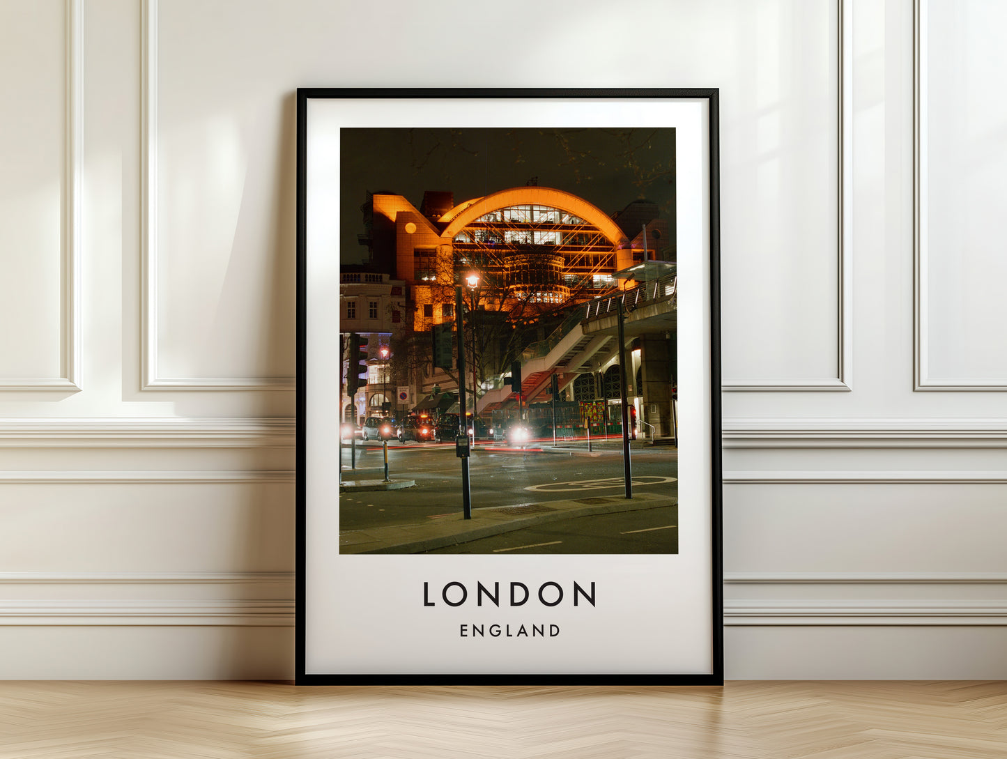 Illuminated Railway Arch Station Night - London analogue photography poster print on white panelled wall