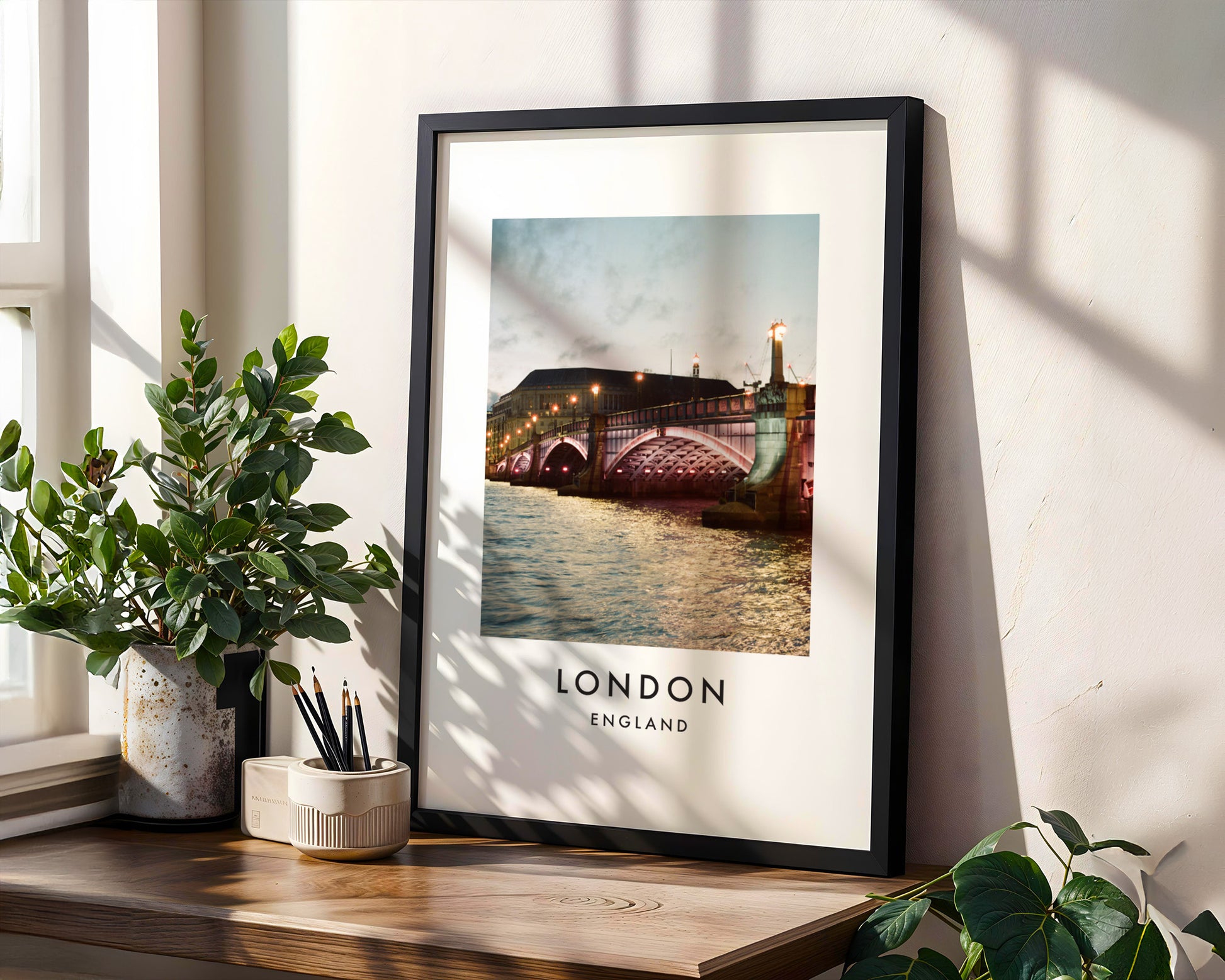 Lambeth Bridge Arches Twilight Thames - London analogue photography poster print in modern room setting