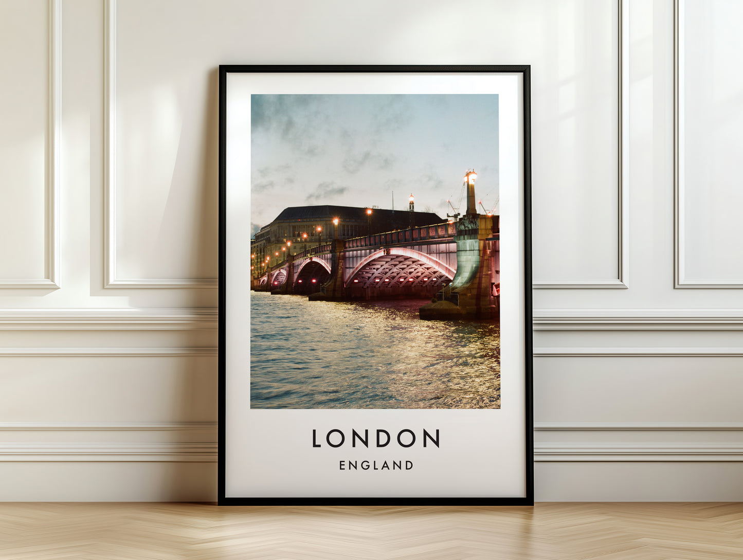 Lambeth Bridge Arches Twilight Thames - London analogue photography poster print on white panelled wall