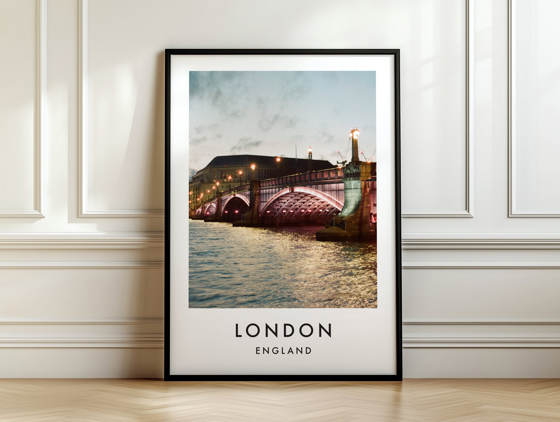 Lambeth Bridge Arches Twilight Thames - London analogue photography poster print on white panelled wall