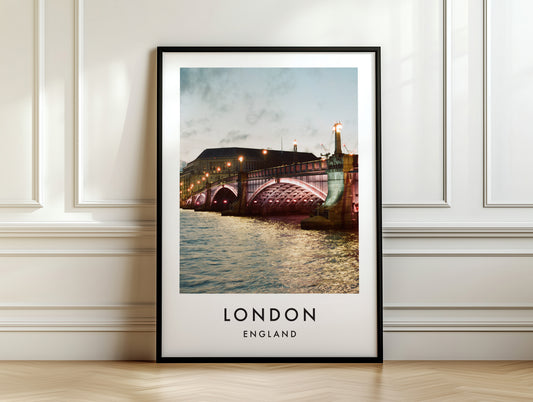 Lambeth Bridge Arches Twilight Thames - London analogue photography poster print on white panelled wall