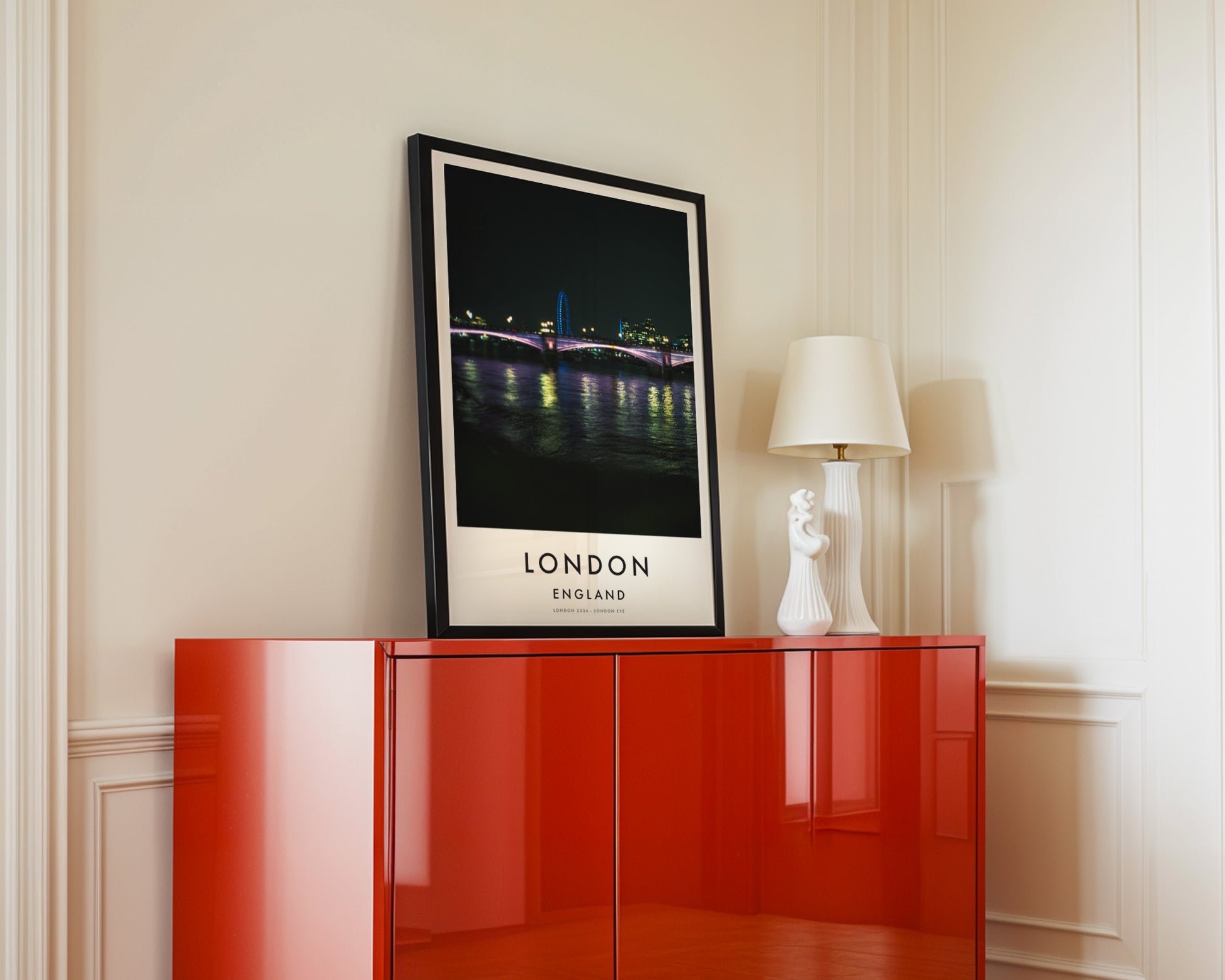 Lambeth Bridge Night Purple Lights London Eye - London analogue photography poster print in interior design setting
