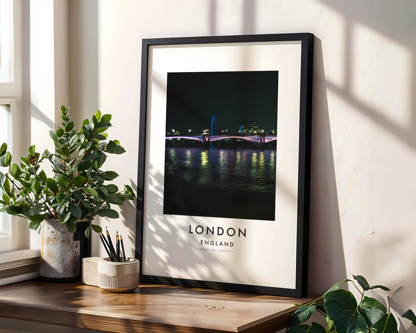 Lambeth Bridge Night Purple Lights London Eye - London analogue photography poster print in modern room setting