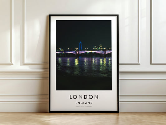 Lambeth Bridge Night Purple Lights London Eye - London analogue photography poster print on white panelled wall