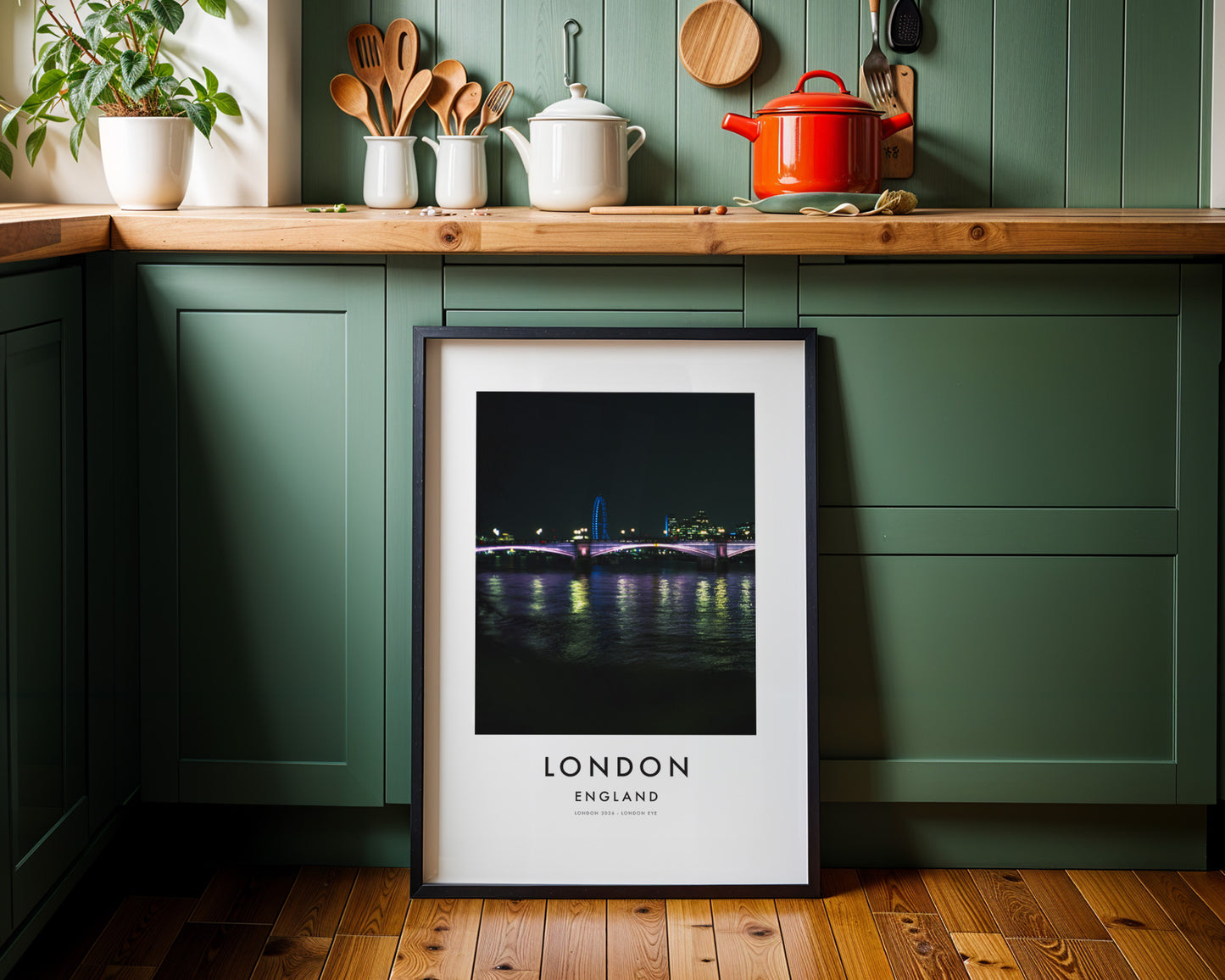 Lambeth Bridge Night Purple Lights London Eye - London analogue photography poster print on minimalist white wall