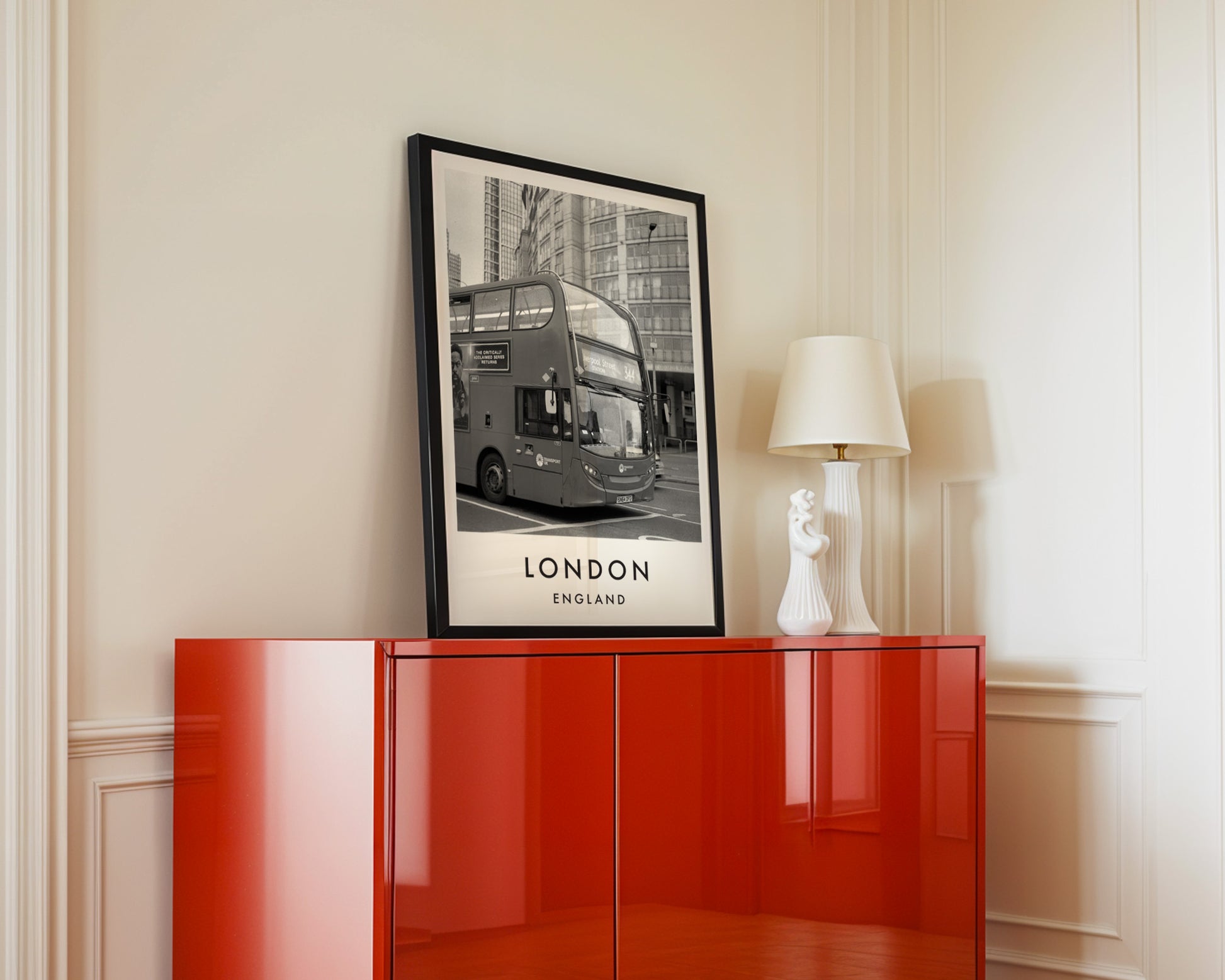London Bus Black and White City Street - London analogue photography poster print in interior design setting