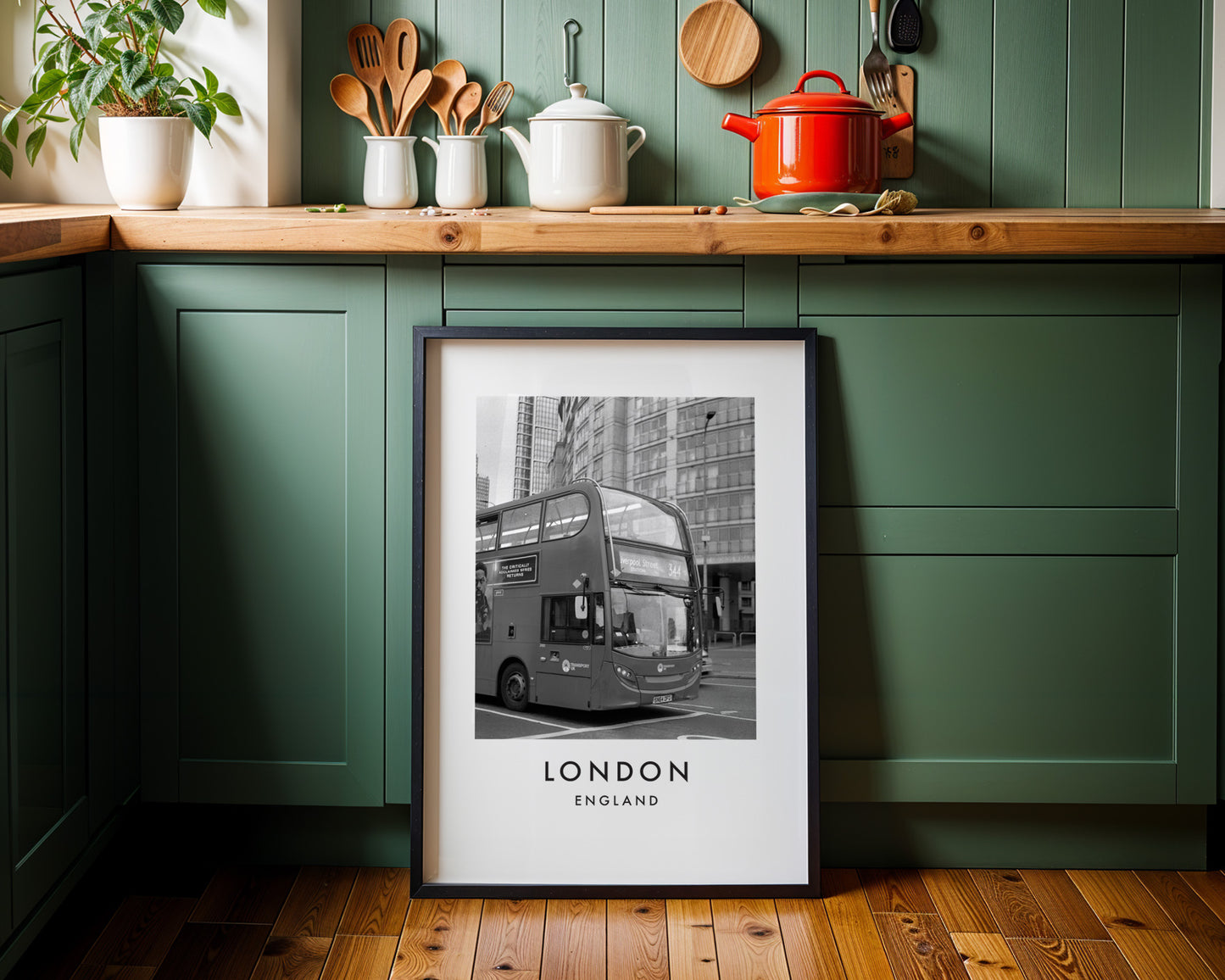 London Bus Black and White City Street - London analogue photography poster print on minimalist white wall