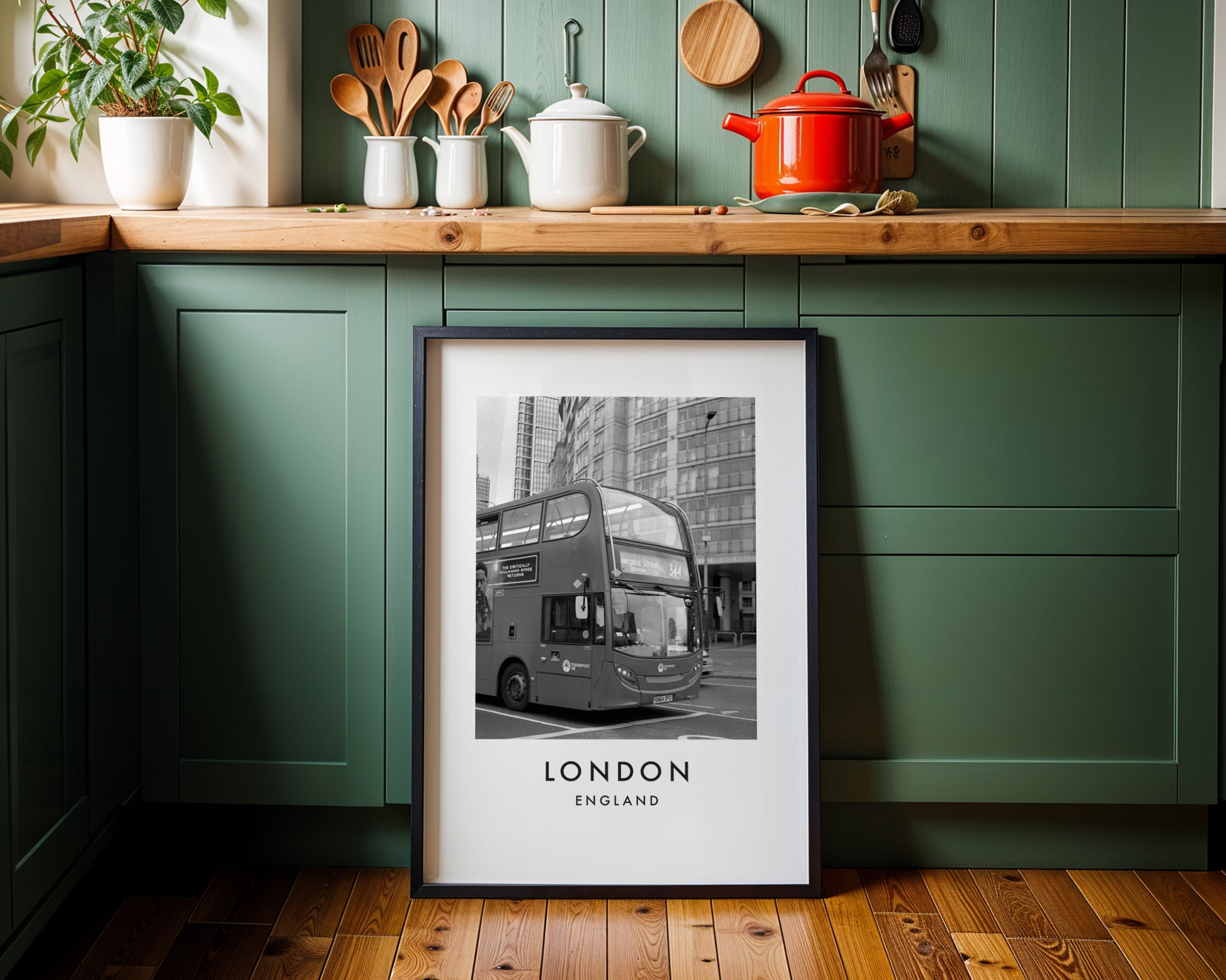 London Bus Black and White City Street - London analogue photography poster print on minimalist white wall
